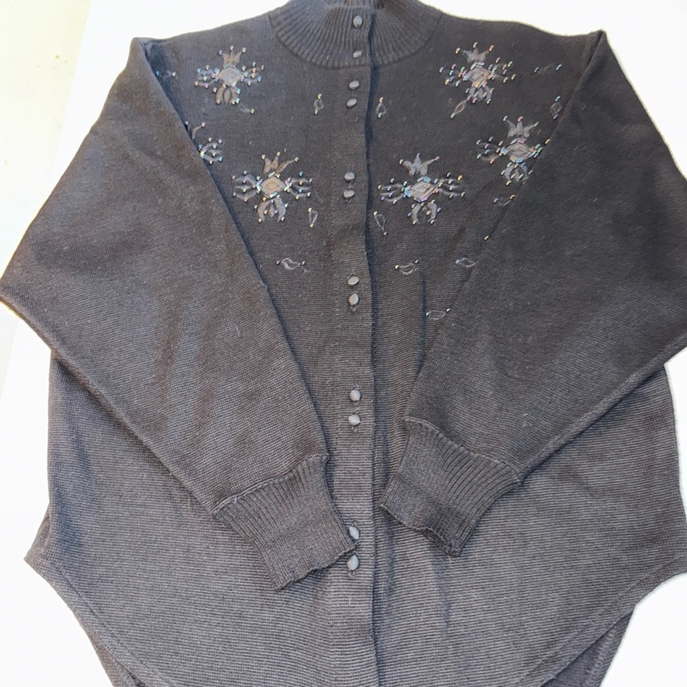 lady m sweater Black‎ Wool Sz Med Embroidered Beaded Cardigan